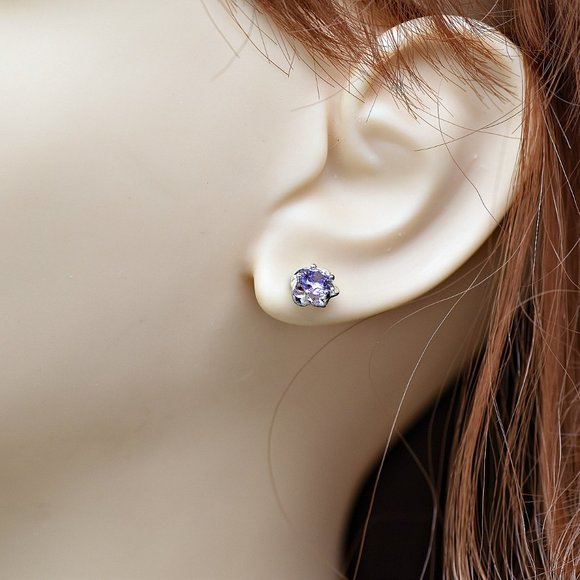 Earrings Faux Amethyst Faceted Glass Silver Plated Setting Ear Studs Birthstone - Picture 2 of 4